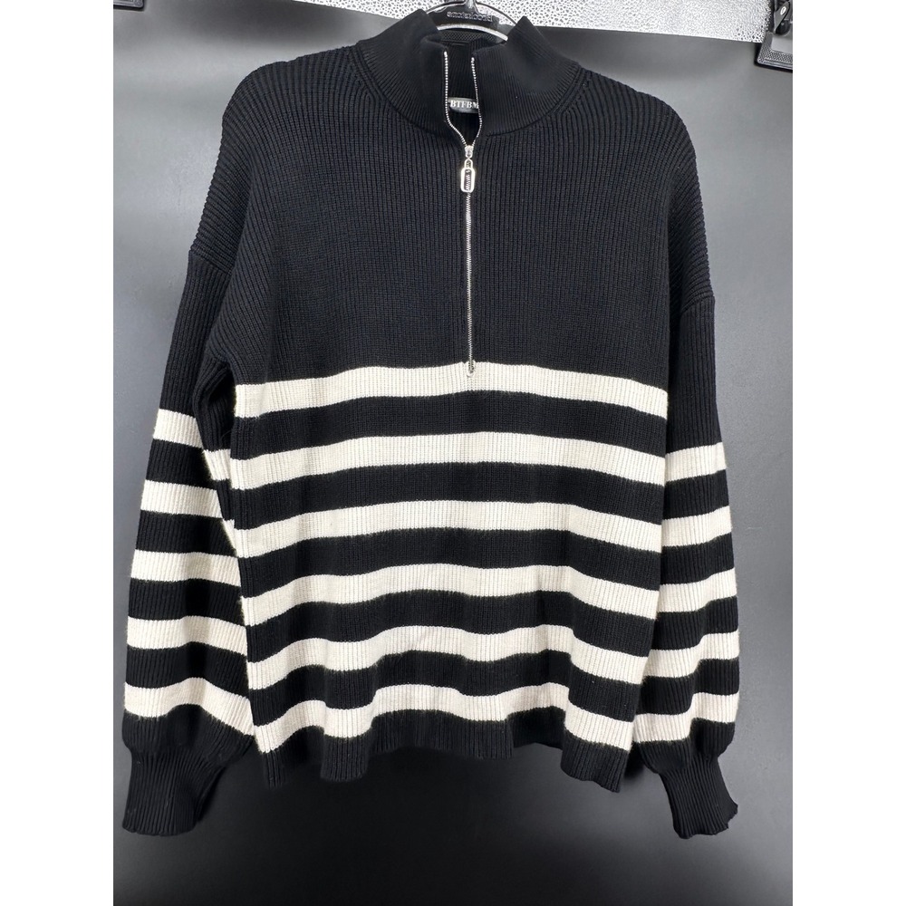 BTFBM Women Striped Quarter Zip Sweater Black White Ribbed Pullover Medium NWT